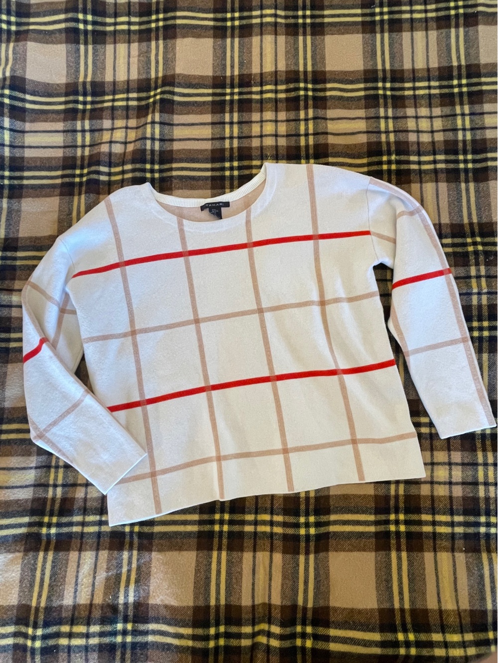 TAHARI Windowpane Crewneck Sweater XL Neutral Plaid Button Back‎ Knit Top
